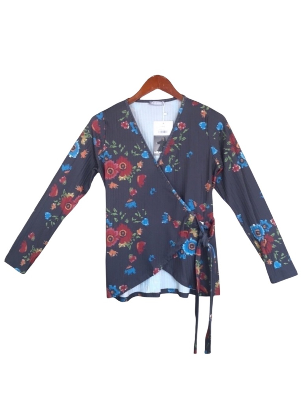 Milan Kiss Floral Textured Stripe Crossover Wrap Top NWT Size L